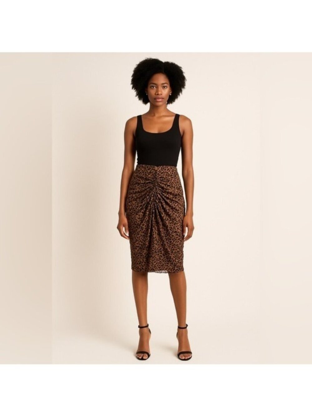 J.O.A Womens Ruching Midi Pencil Skirt Size Medium Brown Leopard Print Velour